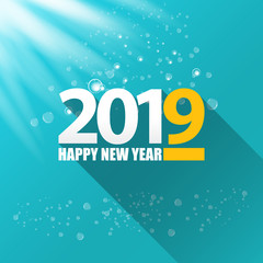 2019 Happy new year creative design background or greeting card. 2019 new year numbers on azure christmas background with lights