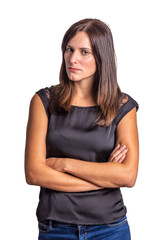 serious and angry young woman isolated on a white background