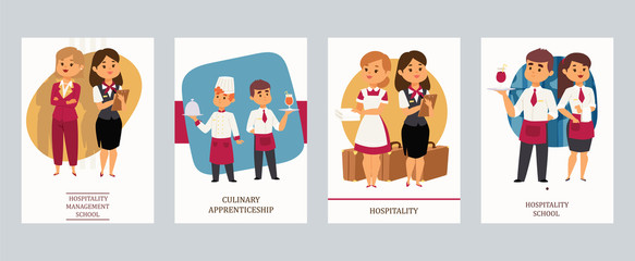 Culinary arts or hospitality school vector Illustration. Cards with hotel staff, meneger and assistant, chef and waiter, housekeeper and receptionist, female and male servants.