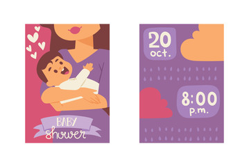 Baby shower invitation vector illustration. Party of gift-giving to mom. Celebrating delivery or expected birth of child. Date of birth.