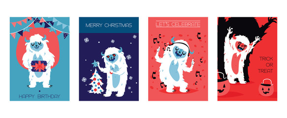 Yeti bigfoot characters cards for birthday, christmas, halloween. Vector illustration. Let s celebrate. Trick or treat. Monsters with gifts, New year tree, earphones, pumpkin. - obrazy, fototapety, plakaty