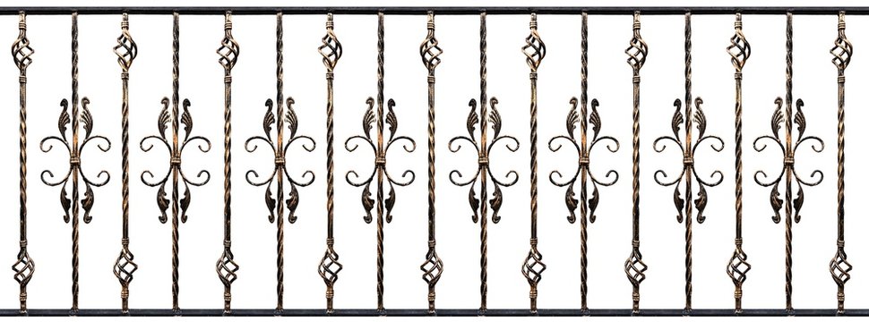 Samples of forged handrails with gilding effect, isolated on white background. Decoration handrails of stairs or balcony. Design template