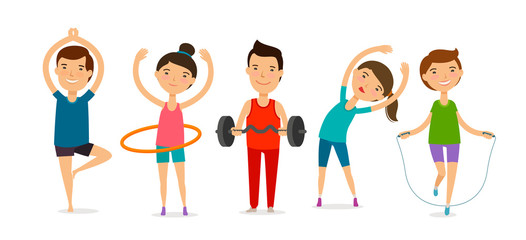 People involved in sports. Fitness, gym, healthy lifestyle concept. Cartoon vector illustration