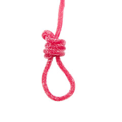 candy slipknot. Sugar addiction, dependence on sweet. hangman noose made of sweets. the concept of diabetes, unhealthy eating, harm of sugar for health. isolated on a white background - obrazy, fototapety, plakaty