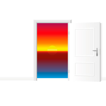 Open white door with colorful, luminous, glowing, gorgeous ocean sunset. Bright white room with access to the ocean shore. Vector illustration.