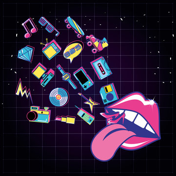 lips pop art with set icons