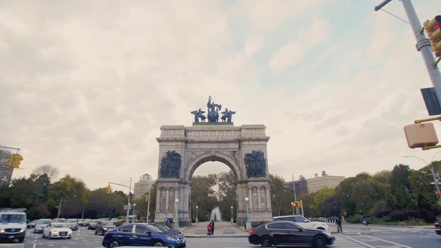 Gimbal shot of Grand Army Plaza on a cloudy day in Brooklyn