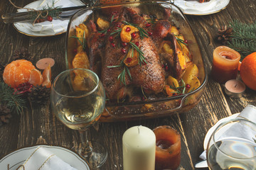 Fried festive duck, or chicken. Background for a menu or a book of recipes