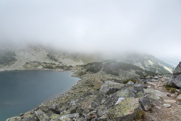 Landscape with fog over Musalenski lakes,  Rila mountain, Bulgaria