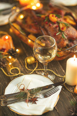 Festive Christmas table setting, happy new year and christmas