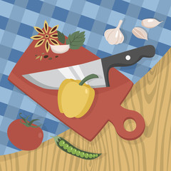 Cutting food on the wooden board with sharp knife