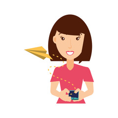 asian woman using smartphone and airplane paper