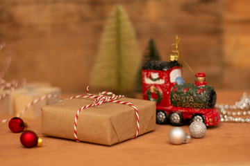 Christmas card with decoration, Christmas trees, balls, wreath, locomotive and horse