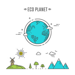 Earth Eco Planet concept flat line illustration. Environment design elements.