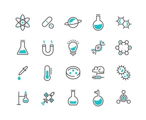 Science line icons. Trendy thin elements of biology, astronomy, physics, science test, lab. Vector illustration