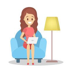 Happy freelancer character working at home on laptop