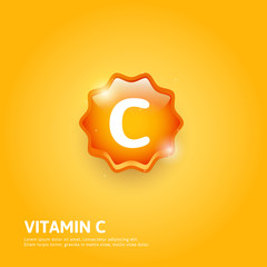 Vitamin C glossy label or icon design on yellow background.