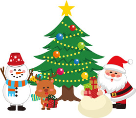 サンタクロースとクリスマスツリーセット2。袋からプレゼントを出すサンタクロース。ベクター素材。