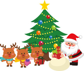 Fototapeta na wymiar サンタクロースとクリスマスツリーセット3。袋からプレゼントを出すサンタクロース。ベクター素材。