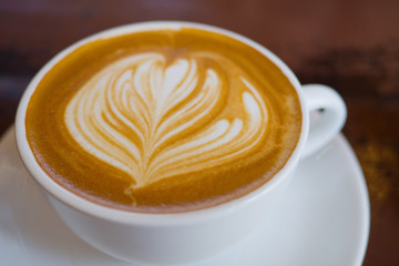 hot coffee cup on table at morning, relax time, latte coffee