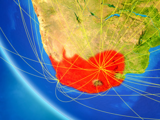 South Africa on planet Earth from space with network. Concept of international communication, technology and travel.