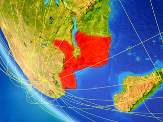 Mozambique on planet Earth from space with network. Concept of international communication, technology and travel.