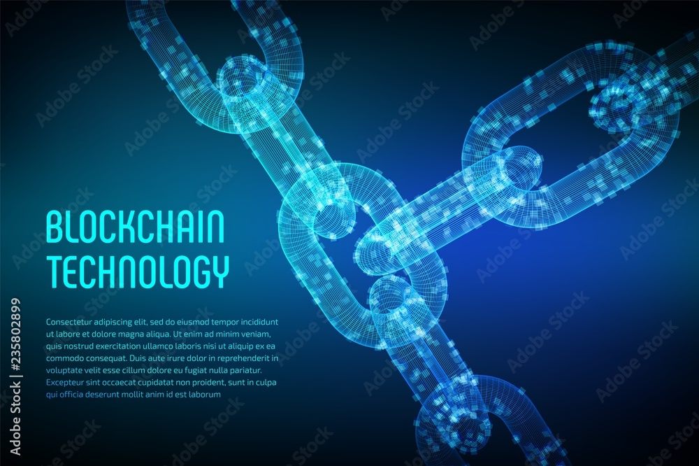 Poster block chain. crypto currency. blockchain concept. 3d wireframe chain with digital blocks. editable c