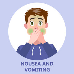 Man suffer from nausea. Symptom of disease