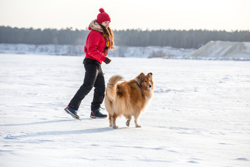 The Collie dog running with girl at winter landscape