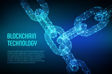 Block chain. Crypto currency. Blockchain concept. 3D wireframe chain with digital blocks. Editable cryptocurrency template. Stock vector illustration.