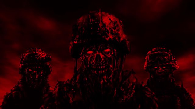 Three zombies soldiers in helmets stand against the background of flying dark clouds. Animation in genre of horror. Red color. Armageddon warriors. End of the world