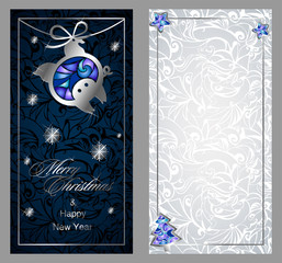 The pig is the symbol of 2019. Christmas greeting card with silver pig with stained glass effect on a dark blue patterned background. Vector illustration. Eps 10