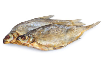 Two dried salted fish isolated on white backdrop. Traditional belorussian snack to beer