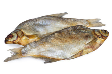 Dried salted fish isolated on white backdrop. Traditional ukrainian snack to beer