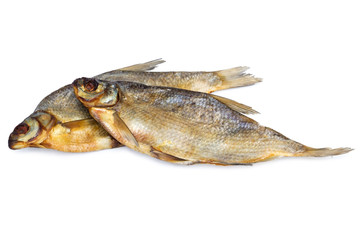 two dried salted fish isolated on white backdrop. Traditional russian food processing to preserve nutritional properties