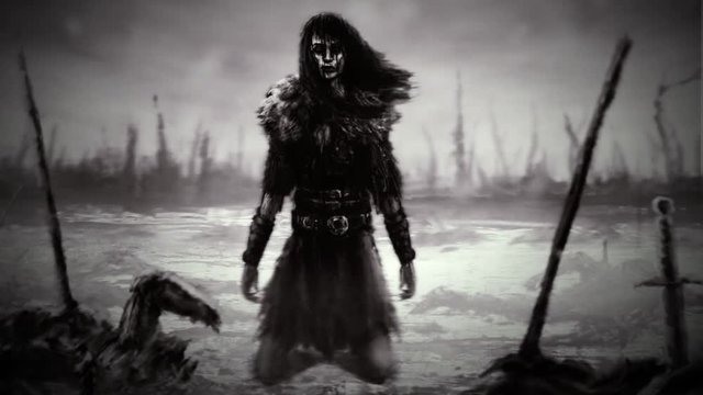 Amazon girl rises from the ground against battlefield of defeated enemies. Fantasy animation. Black and white color.