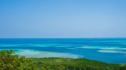 blue water sea with turquoise water and green tree forest in karimun jawa © maslakhatul