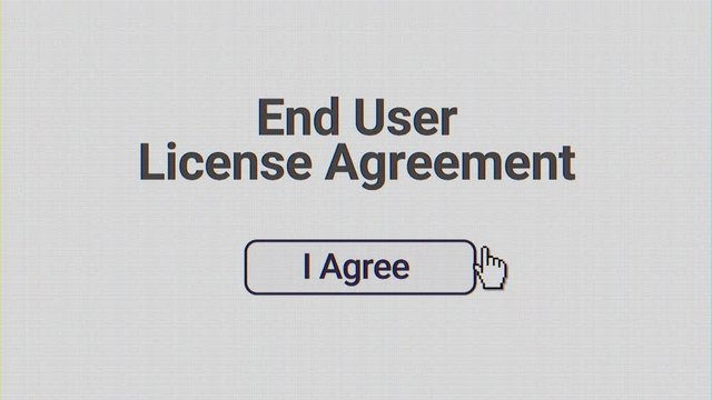 A simulated computer screen of a user clicking I Agree button on a end user license agreement form. Flat angle. Clean and CRT versions included.  	