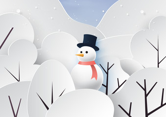 Snowman and winter season landscape background for merry christmas and happy new year paper art style.Vector illustration.