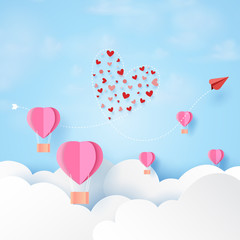 Obraz na płótnie Canvas Love concept and Happy Valentines Day greeting card template.Red airplane and pink paper airplane floating on clouds and blue sky paper art style.Vector illustration.