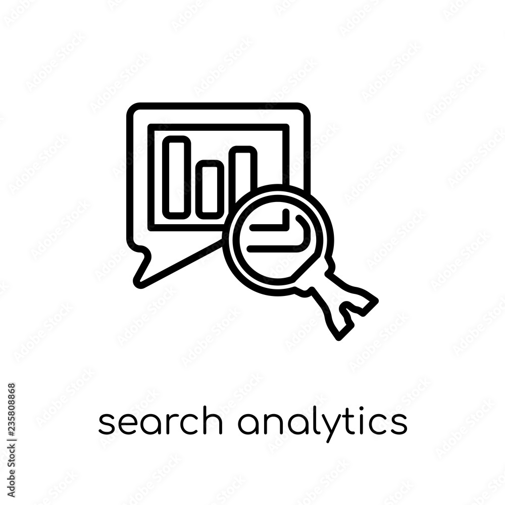Poster search analytics icon. trendy modern flat linear vector search analytics icon on white background fr
