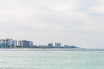 Venice, USA Holiday vacation hotel or condominium apartments in small Florida retirement beach city, town, or village architecture, in gulf of Mexico, water, cityscape skyline