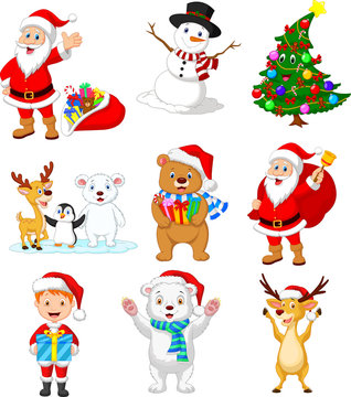 Cartoon Santa Claus with many animals collection set