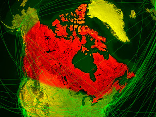 Canada on digital map with networks. Concept of international travel, communication and technology.