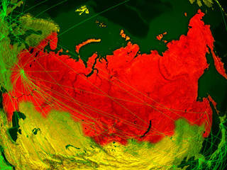 Russia on digital map with networks. Concept of international travel, communication and technology.