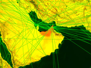 United Arab Emirates on digital map with networks. Concept of international travel, communication and technology.