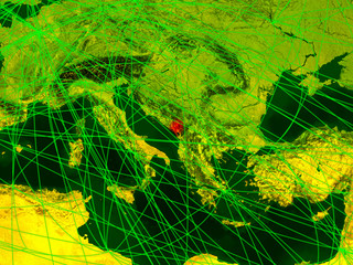 Montenegro on digital map with networks. Concept of international travel, communication and technology.