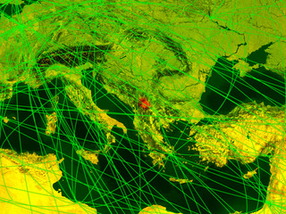 Kosovo on digital map with networks. Concept of international travel, communication and technology.