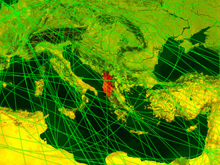 Fototapeta premium Albania on digital map with networks. Concept of international travel, communication and technology.