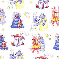 Naklejka premium Animals party. New year and Christmas hand draw illustration. Seamless pattern. Characters on white background